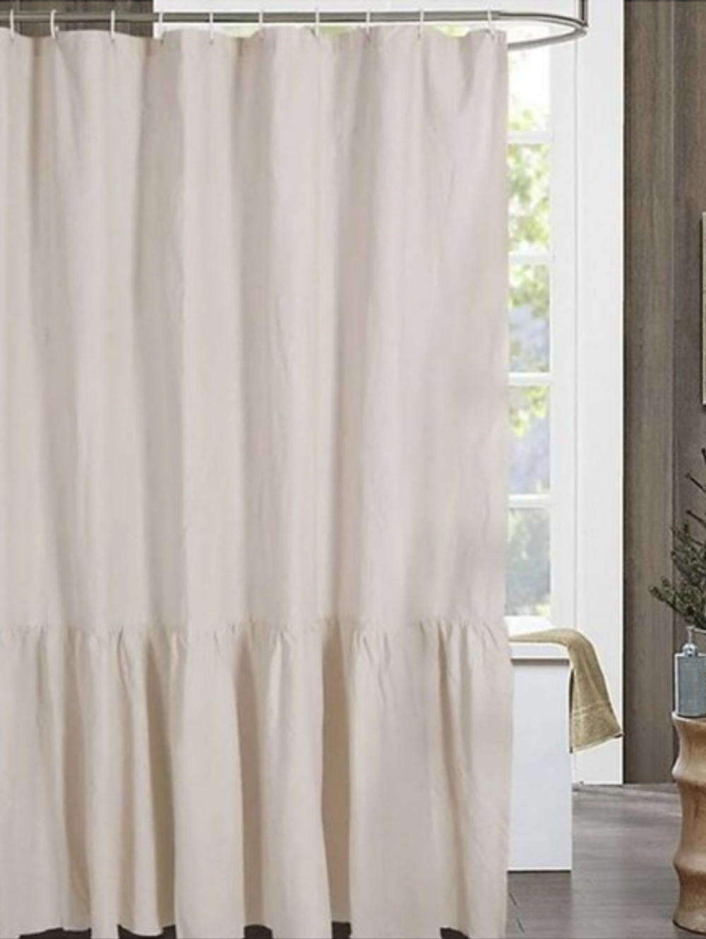 Bee & Willow Farmhouse Ruffled Edge Natural Linen Shower Curtain Brand New
